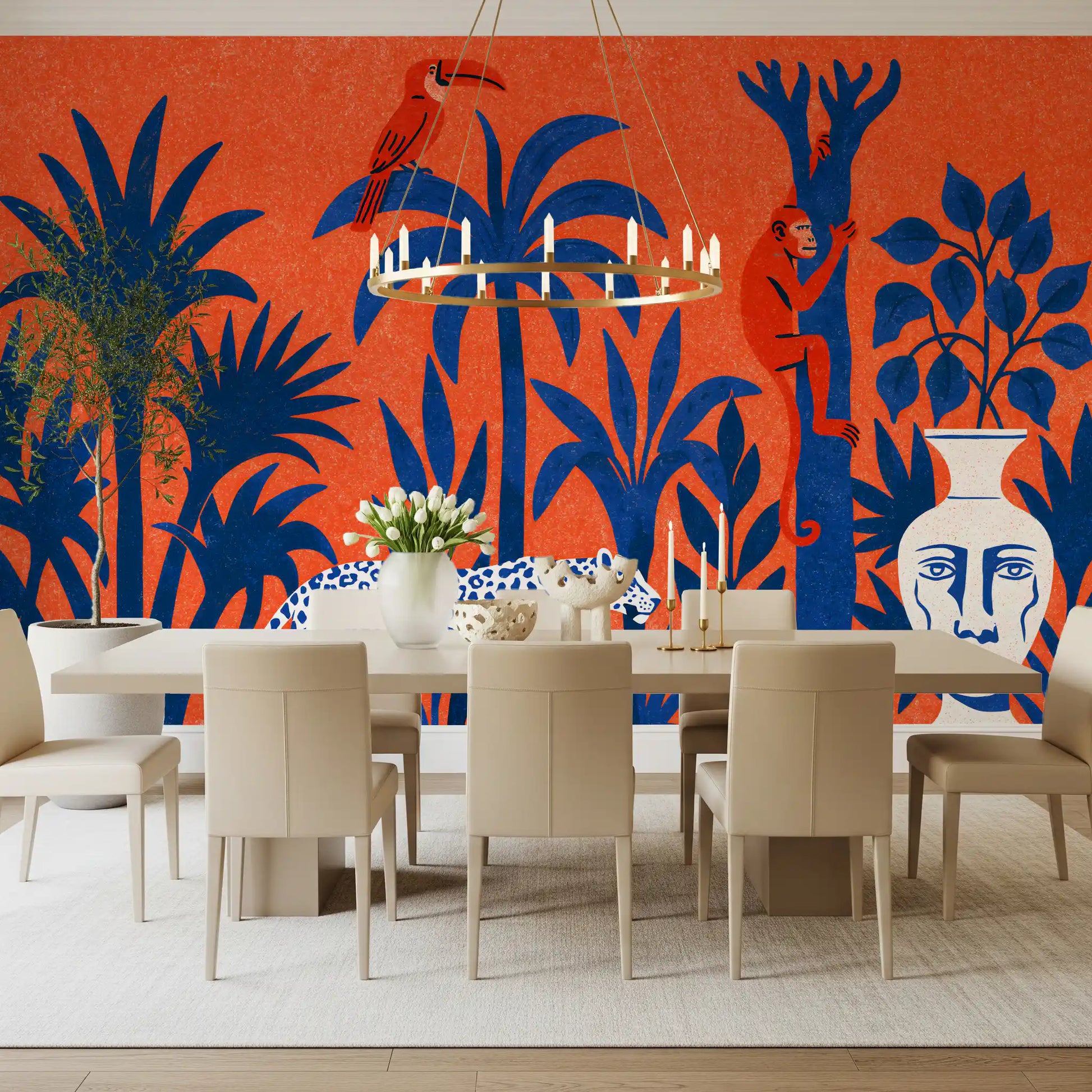 Vibrant Jungle Leopard and Tropical Wildlife Scene Wall Mural