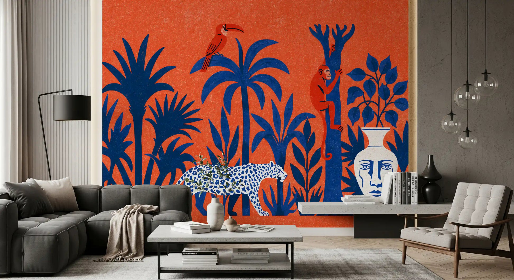 Vibrant Jungle Leopard and Tropical Wildlife Scene Wall Mural