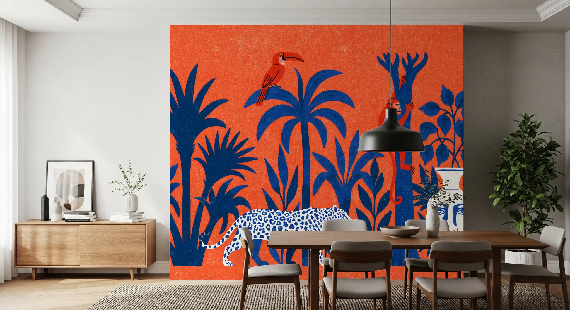 Vibrant Jungle Leopard and Tropical Wildlife Scene Wall Mural
