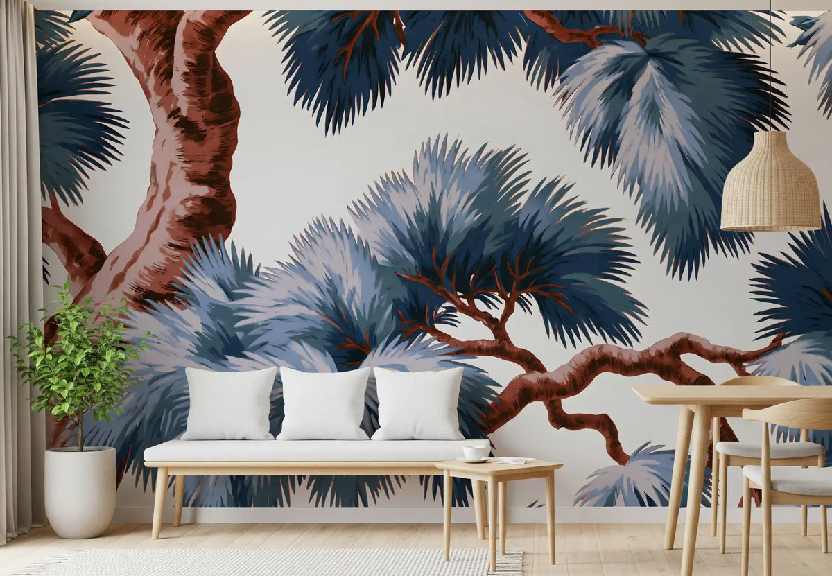 Blue pine canopy mural in a living room with a wooden bench GD12929