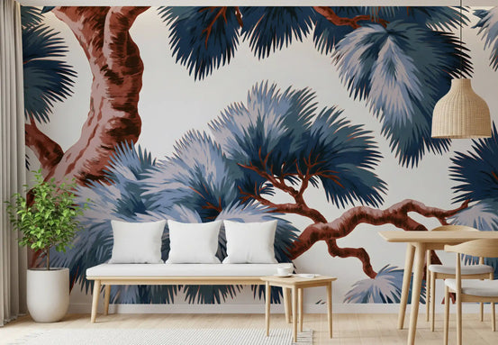 Blue pine canopy mural in a living room with a wooden bench GD12929