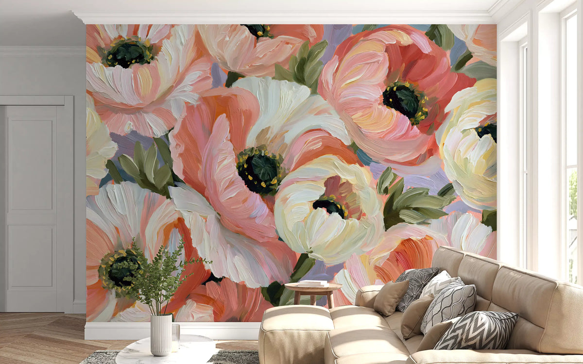 Painterly poppy mural in a living room with a beige sofa by the window GD12933
