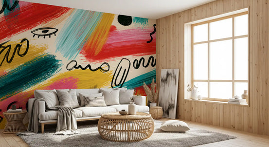 Colourful brushstroke mural in a living room with a white sofa and wood wall GD12936