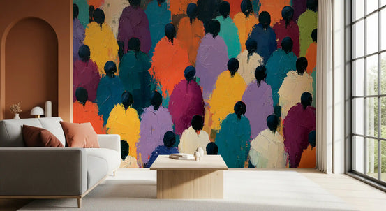 Colourful figures mural in a living room with a grey sofa and orange wall GD12938