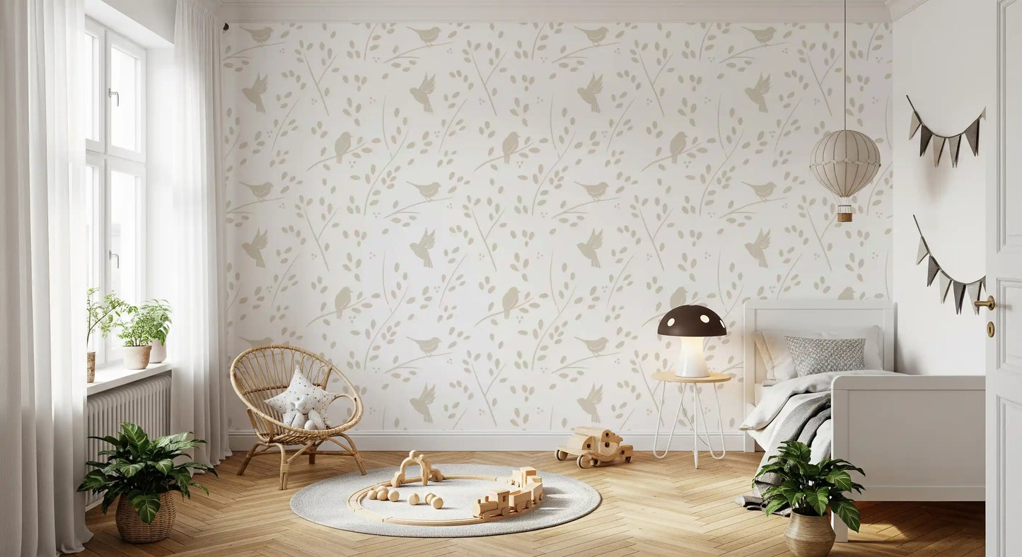 Minimalist Garden Birds in Soft Taupe Wallpaper⁠