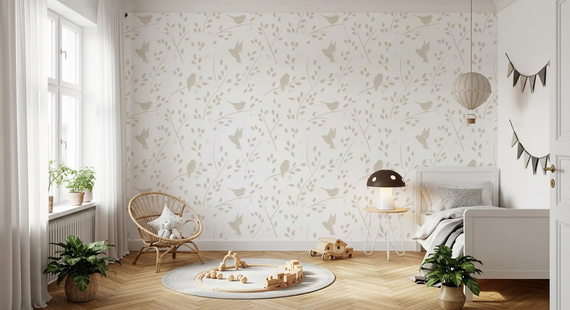 Minimalist Garden Birds in Soft Taupe Wallpaper⁠