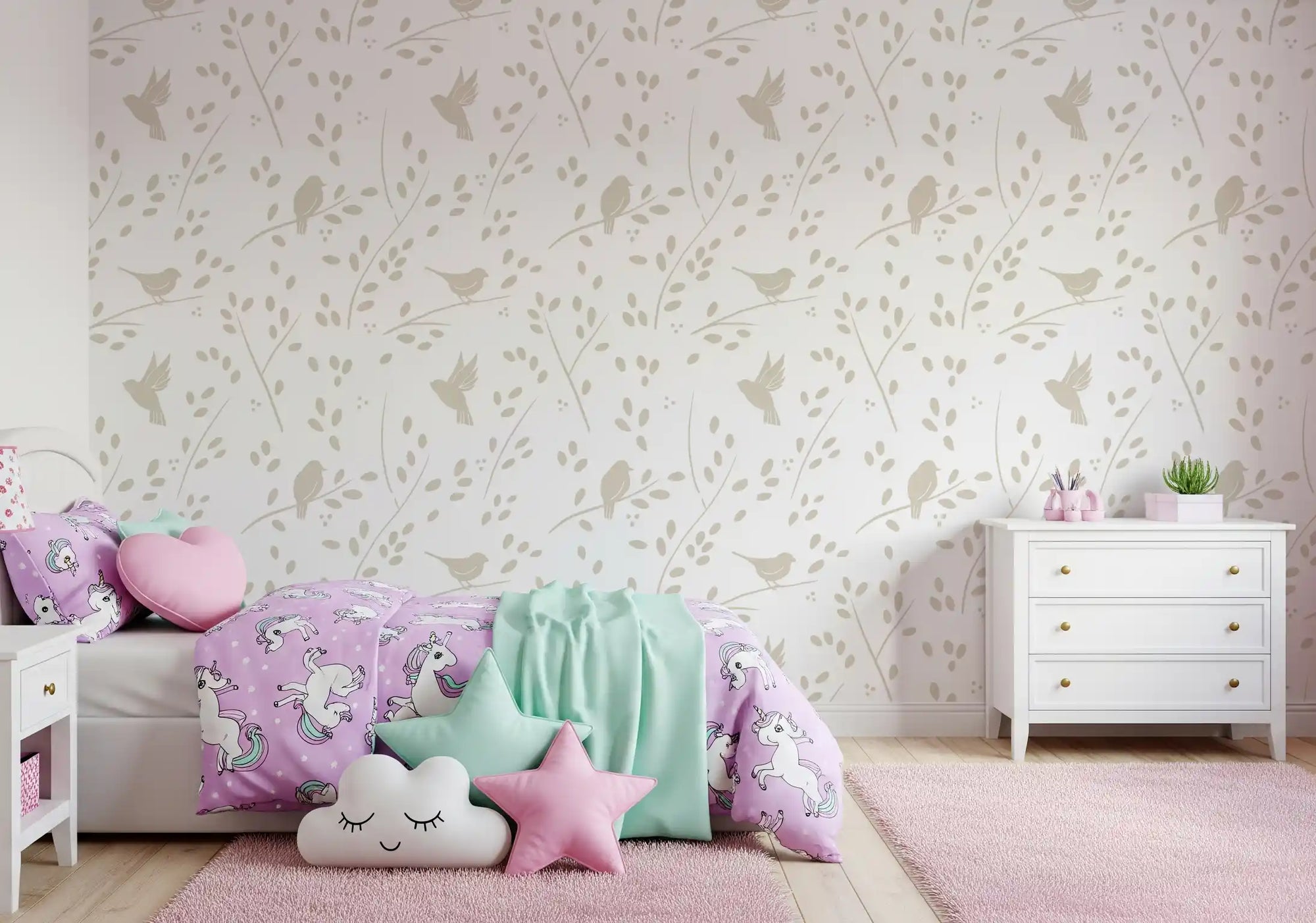 Taupe birds wallpaper in a girl's room with a unicorn bed and pink rug GD12939