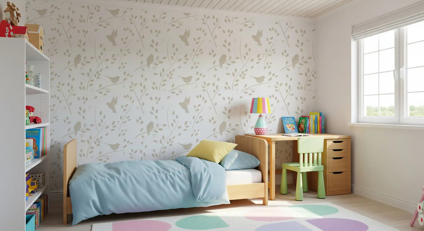 Minimalist Garden Birds in Soft Taupe Wallpaper⁠