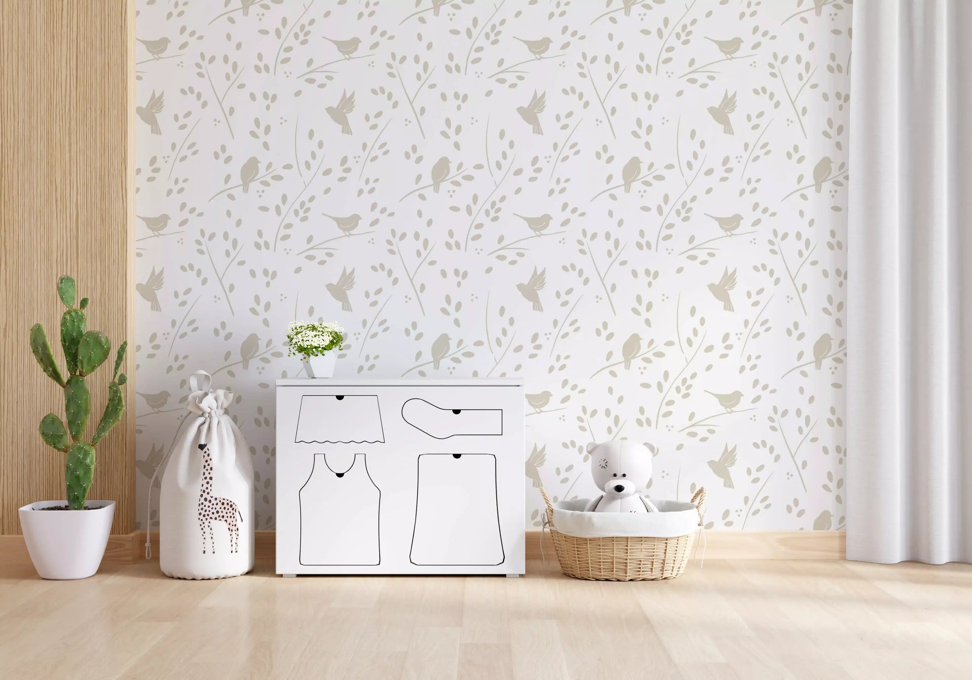Minimalist Garden Birds in Soft Taupe Wallpaper⁠