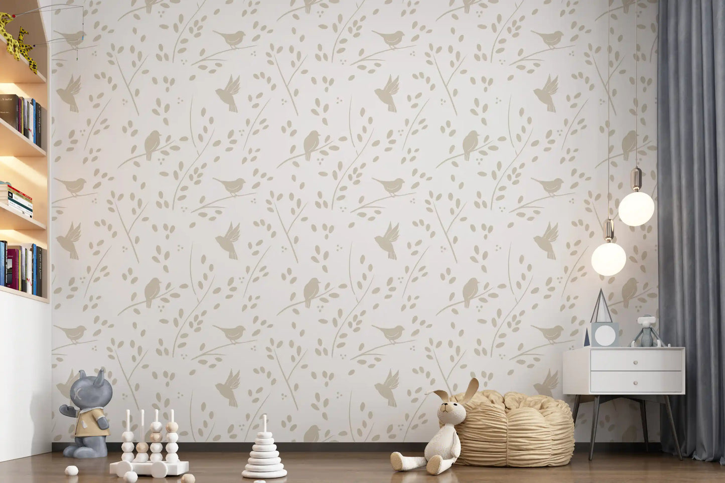 Minimalist Garden Birds in Soft Taupe Wallpaper⁠