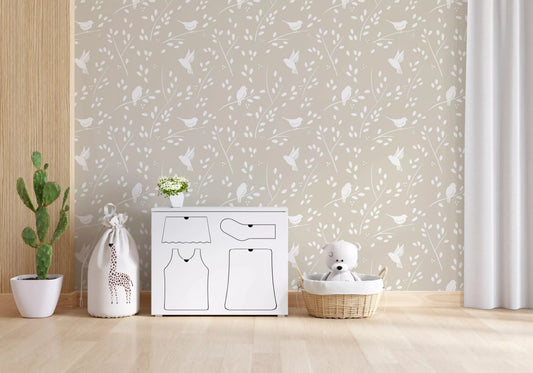 Serene Minimalist Garden Birds in Soft Taupe Wallpaper⁠