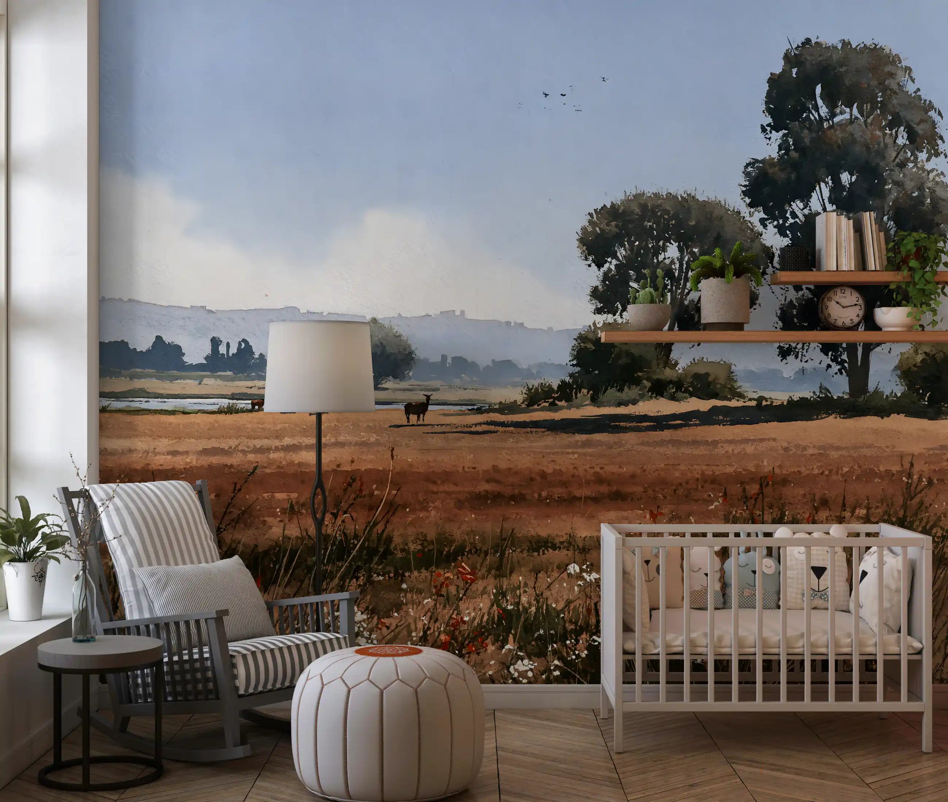 Serene Meadow Wildlife Landscape Wall Mural