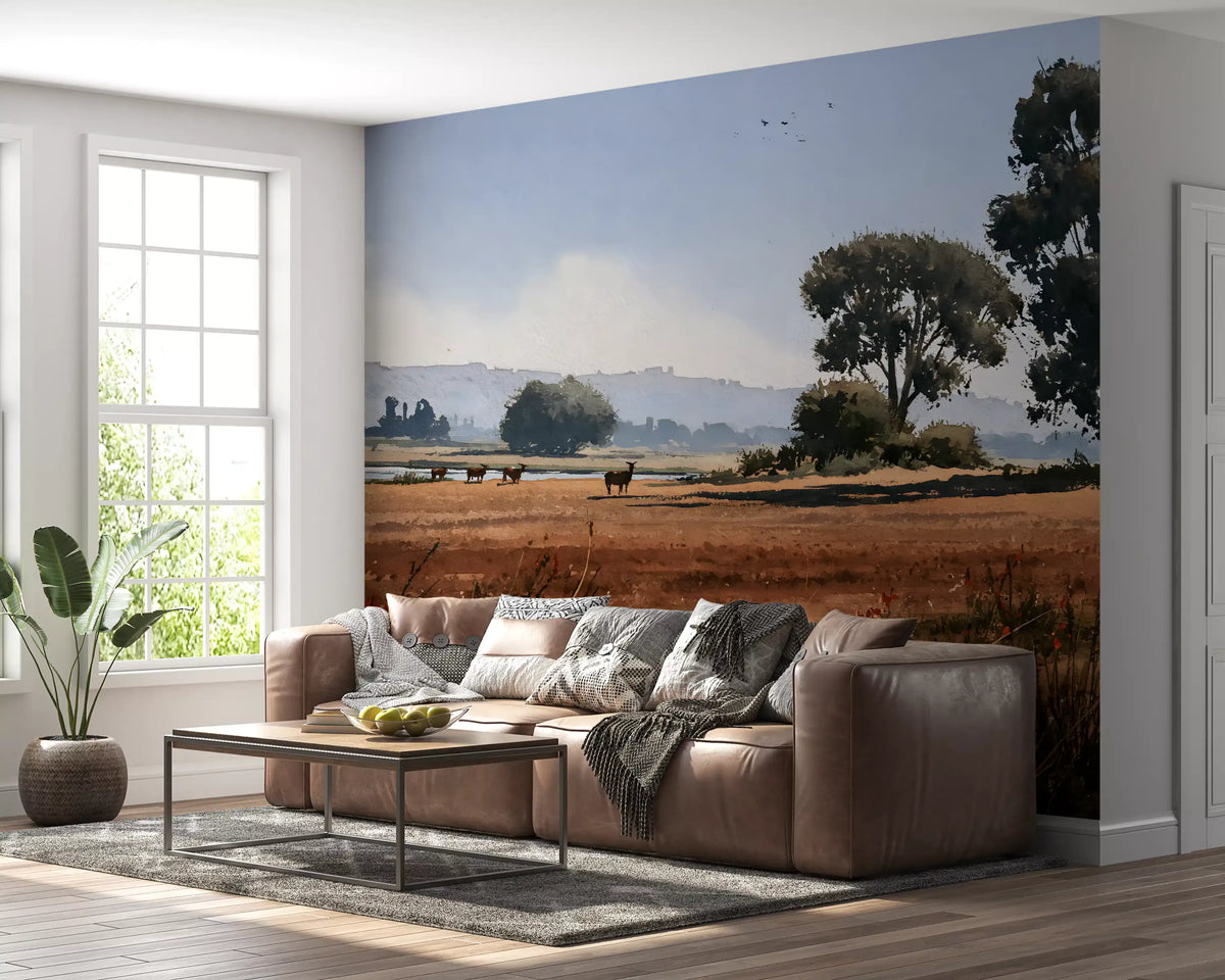 Countryside meadow mural behind a brown leather sofa in a living room GD12951