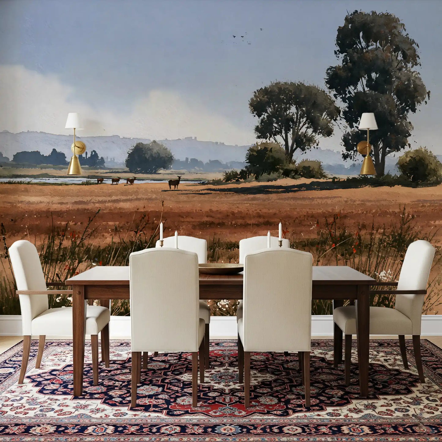 Serene Meadow Wildlife Landscape Wall Mural
