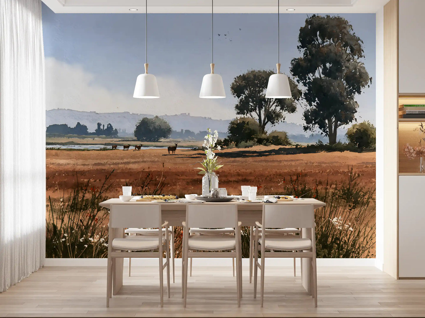 Serene Meadow Wildlife Landscape Wall Mural