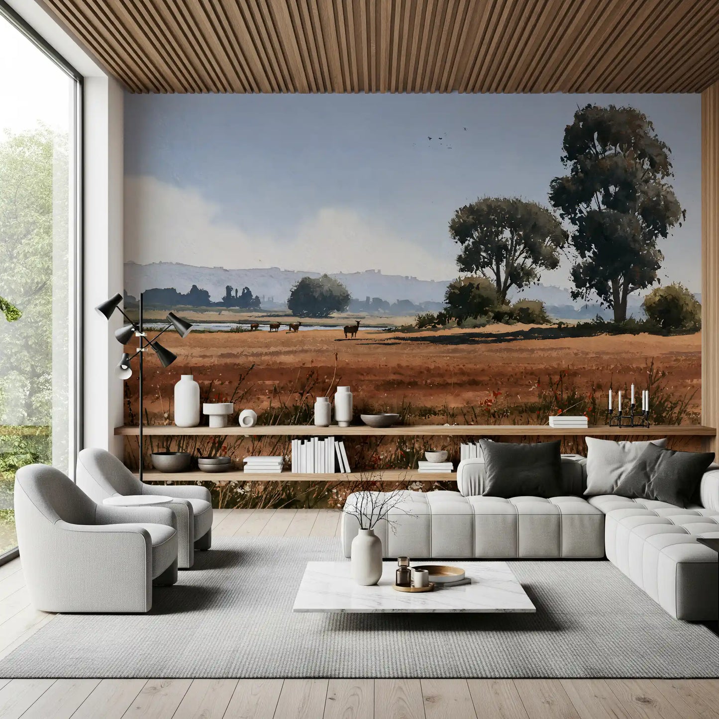 Serene Meadow Wildlife Landscape Wall Mural