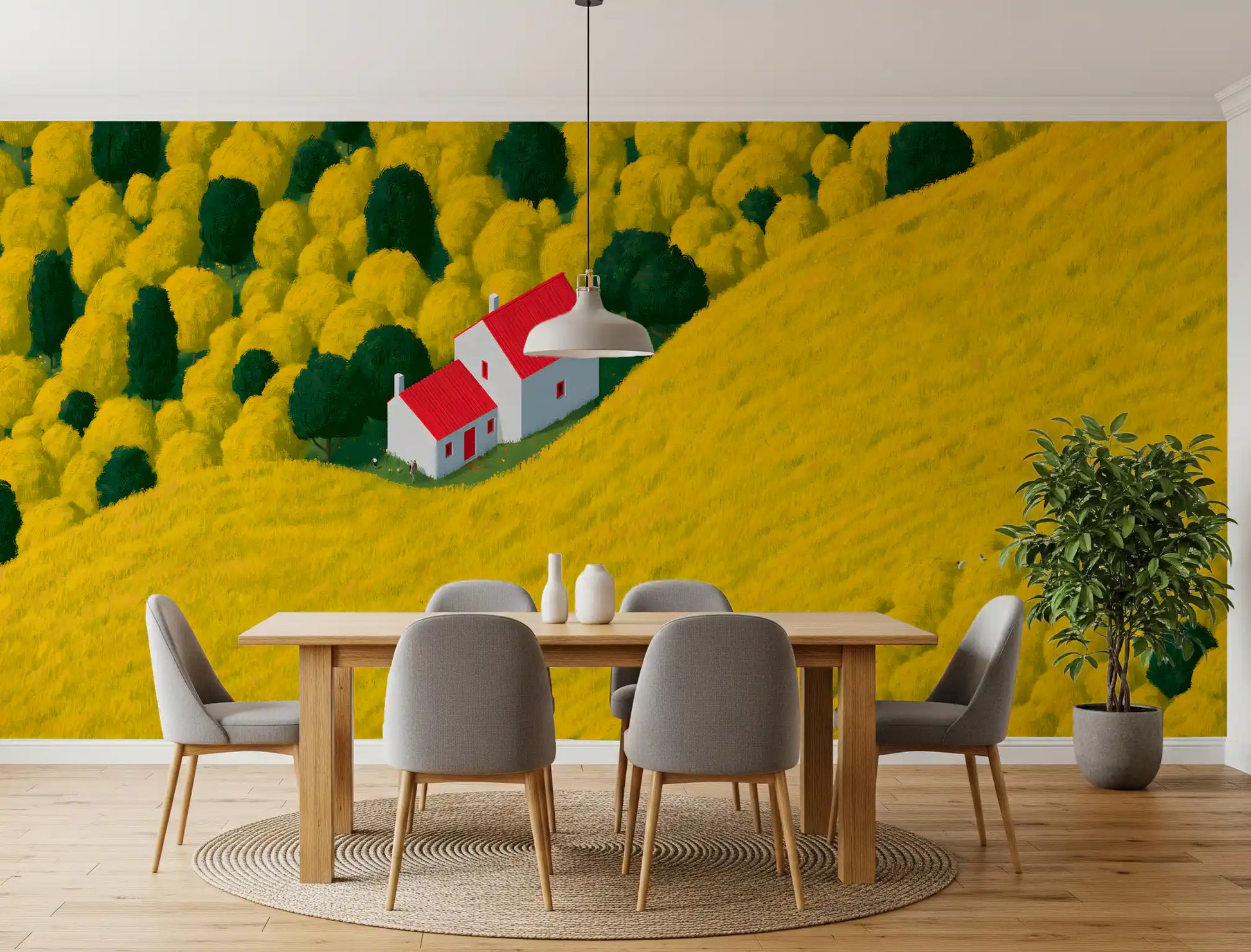 Sunlit Rural Cottage Landscape Wall Mural