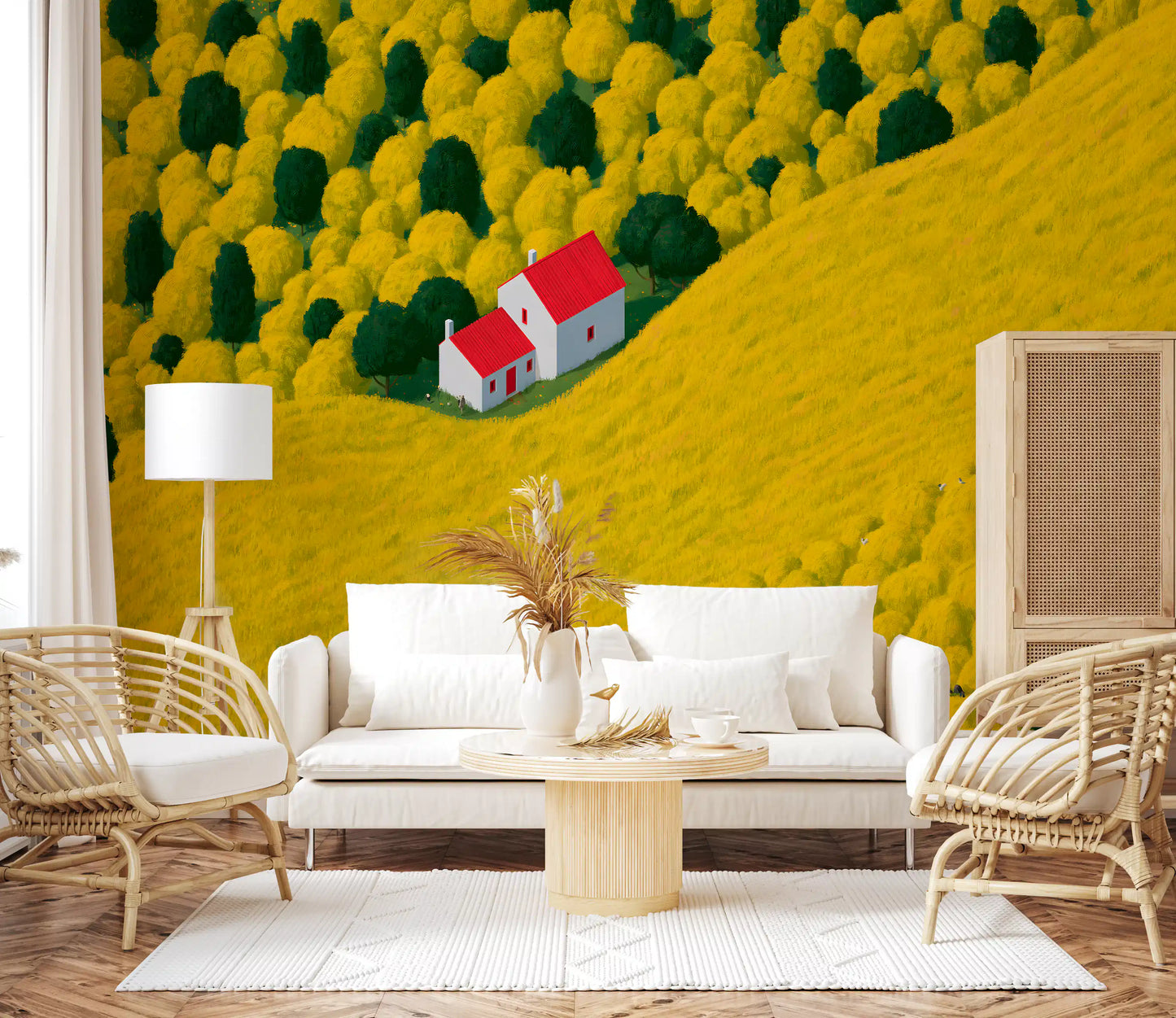 Sunlit Rural Cottage Landscape Wall Mural