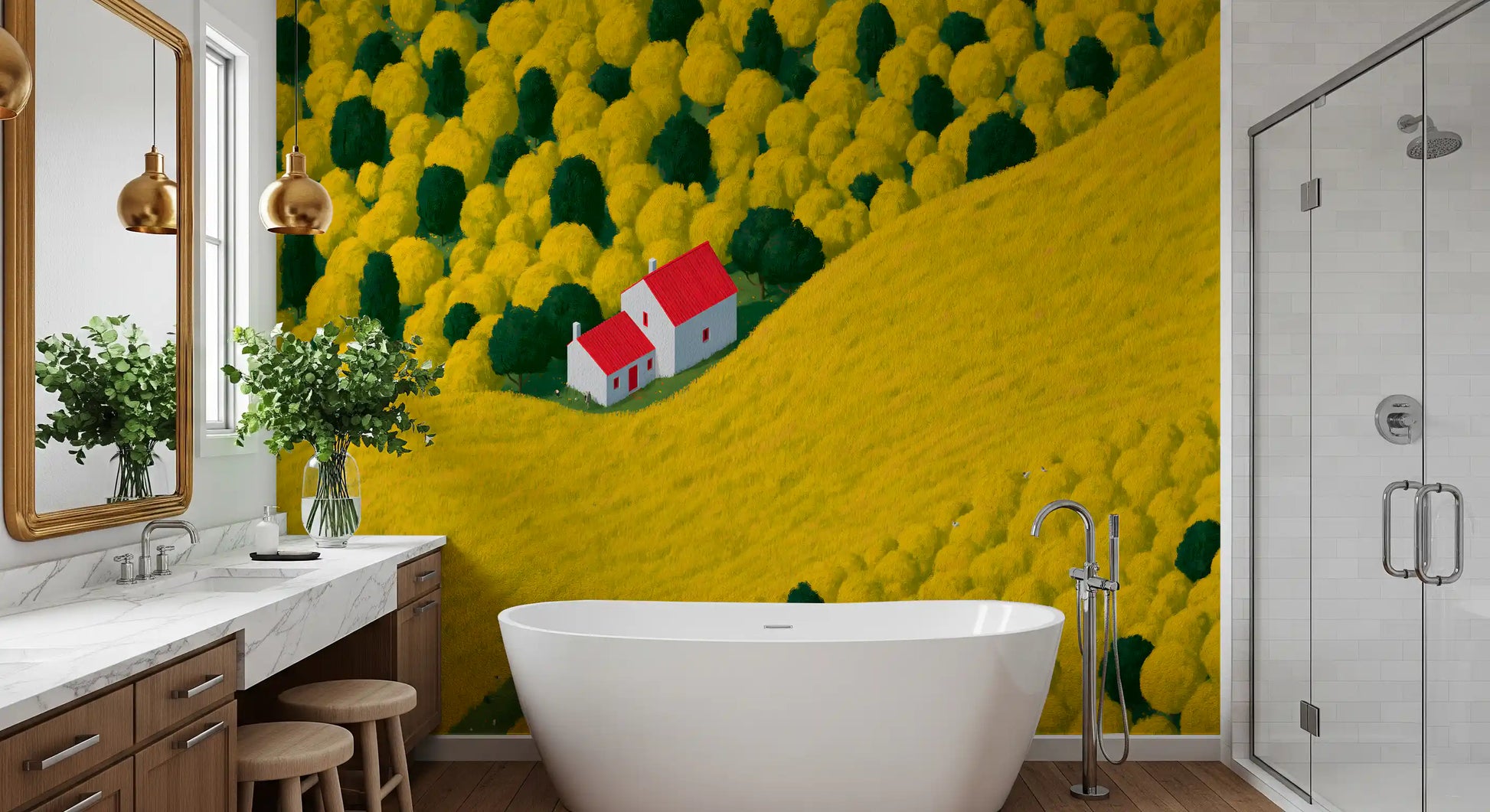 Sunlit Rural Cottage Landscape Wall Mural