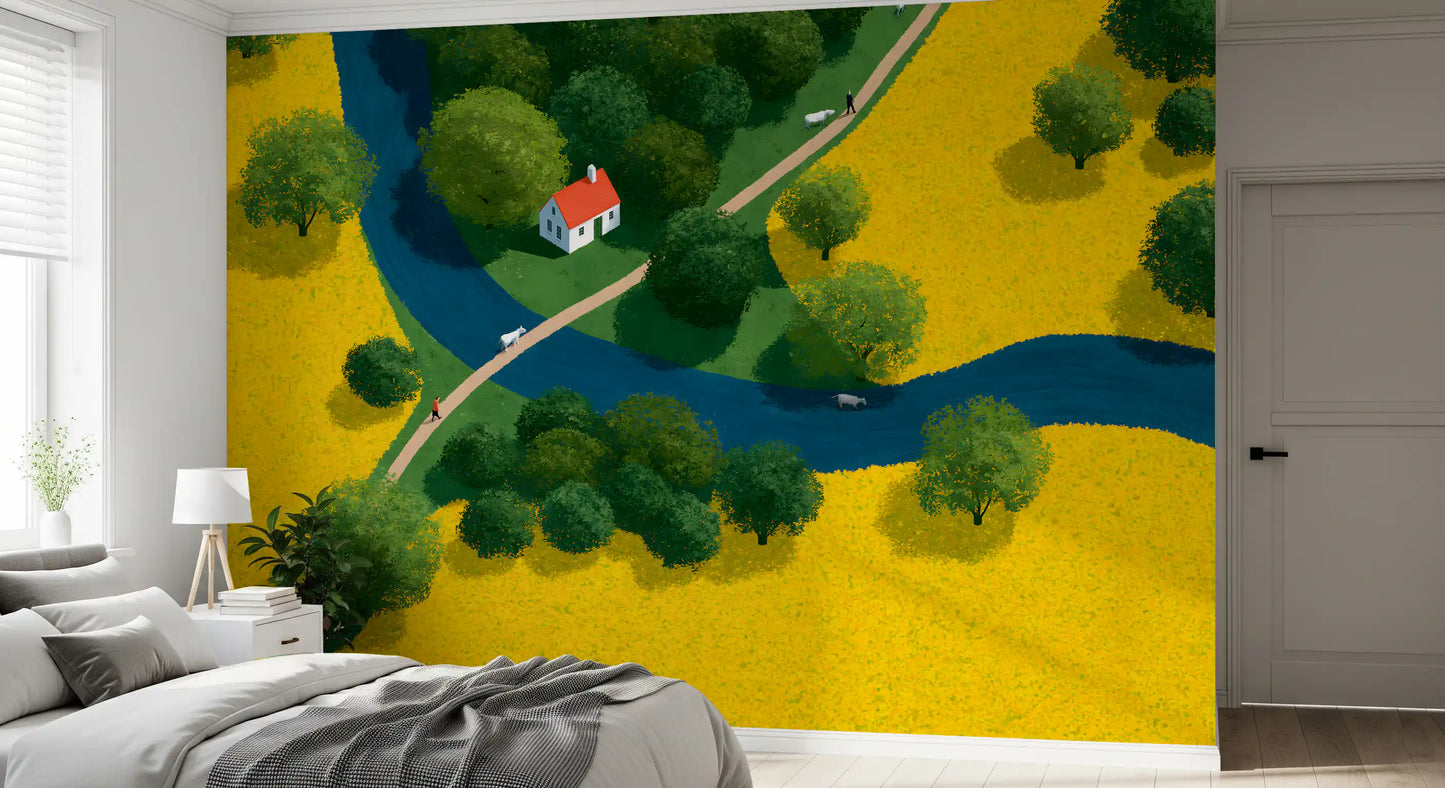 Isometric Countryside Meadow Scene Wall Mural