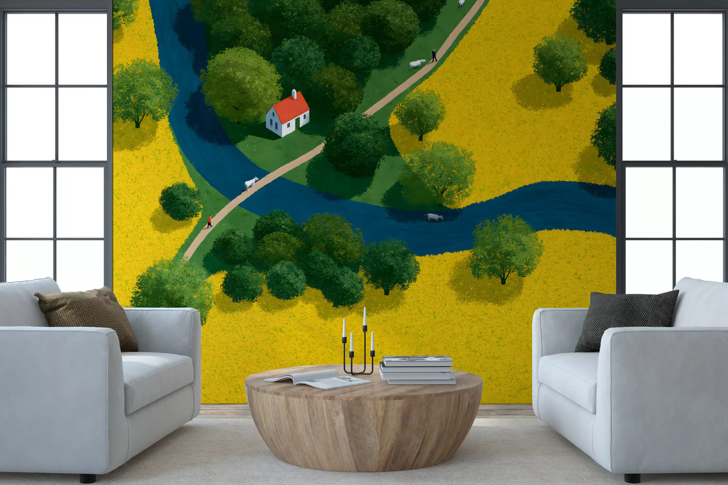 Isometric Countryside Meadow Scene Wall Mural