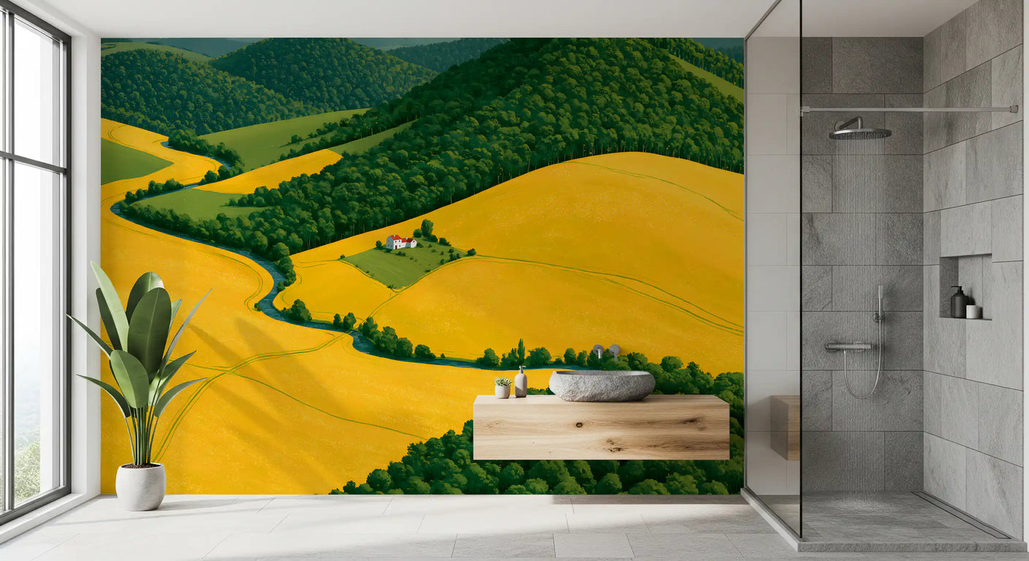 Pastoral Harmony Gold and Green Wall Mural