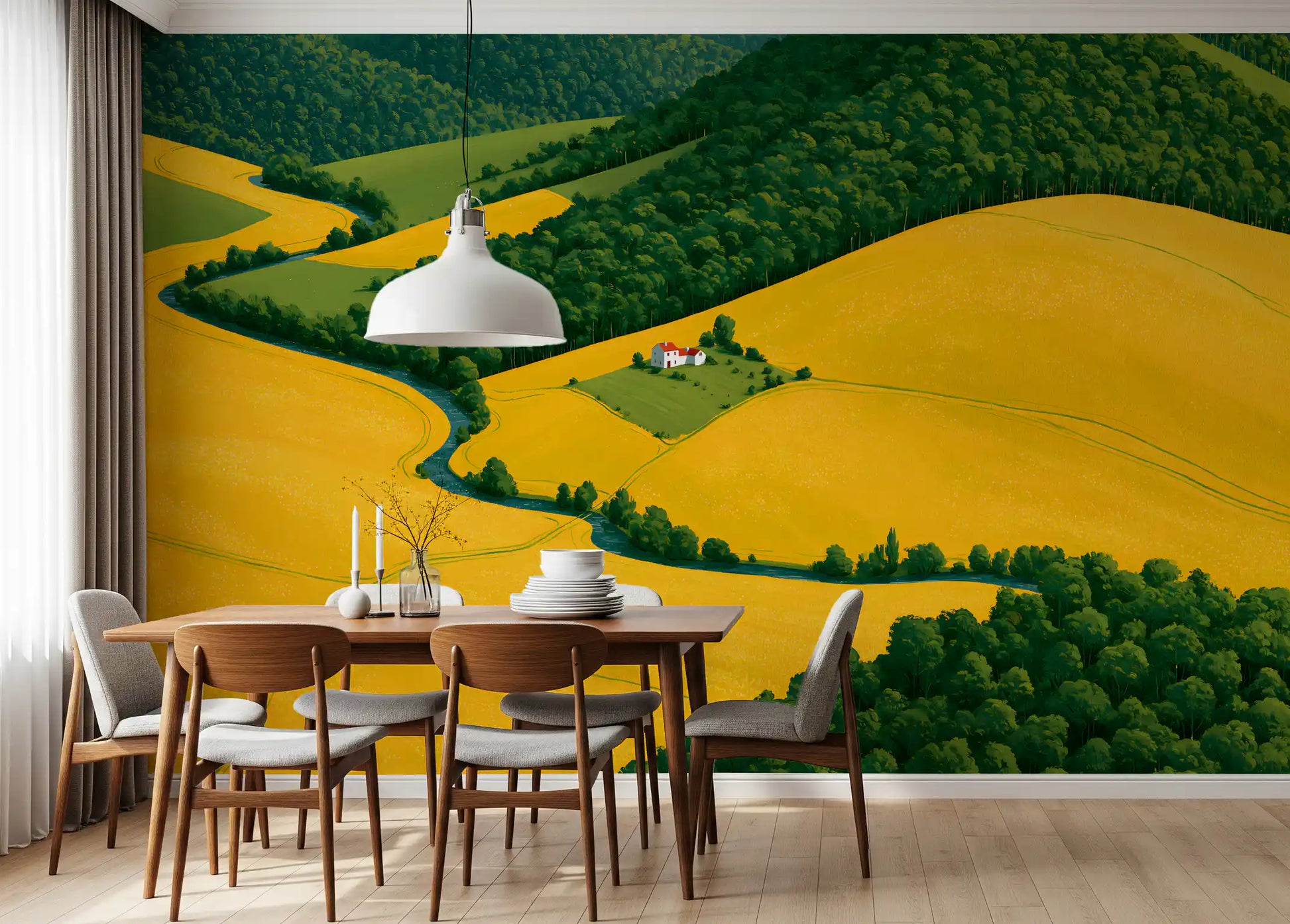Pastoral Harmony Gold and Green Wall Mural