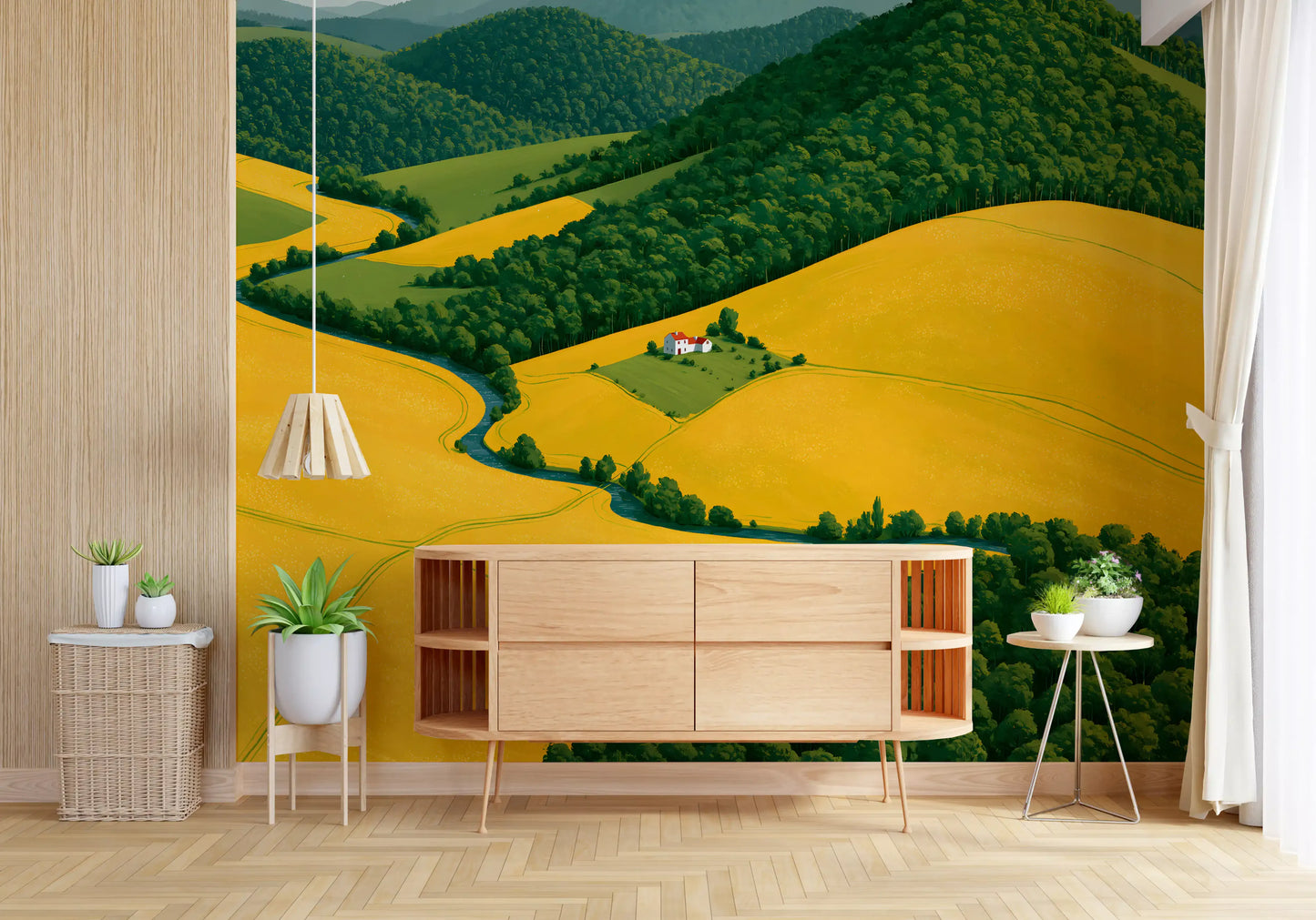 Pastoral Harmony Gold and Green Wall Mural