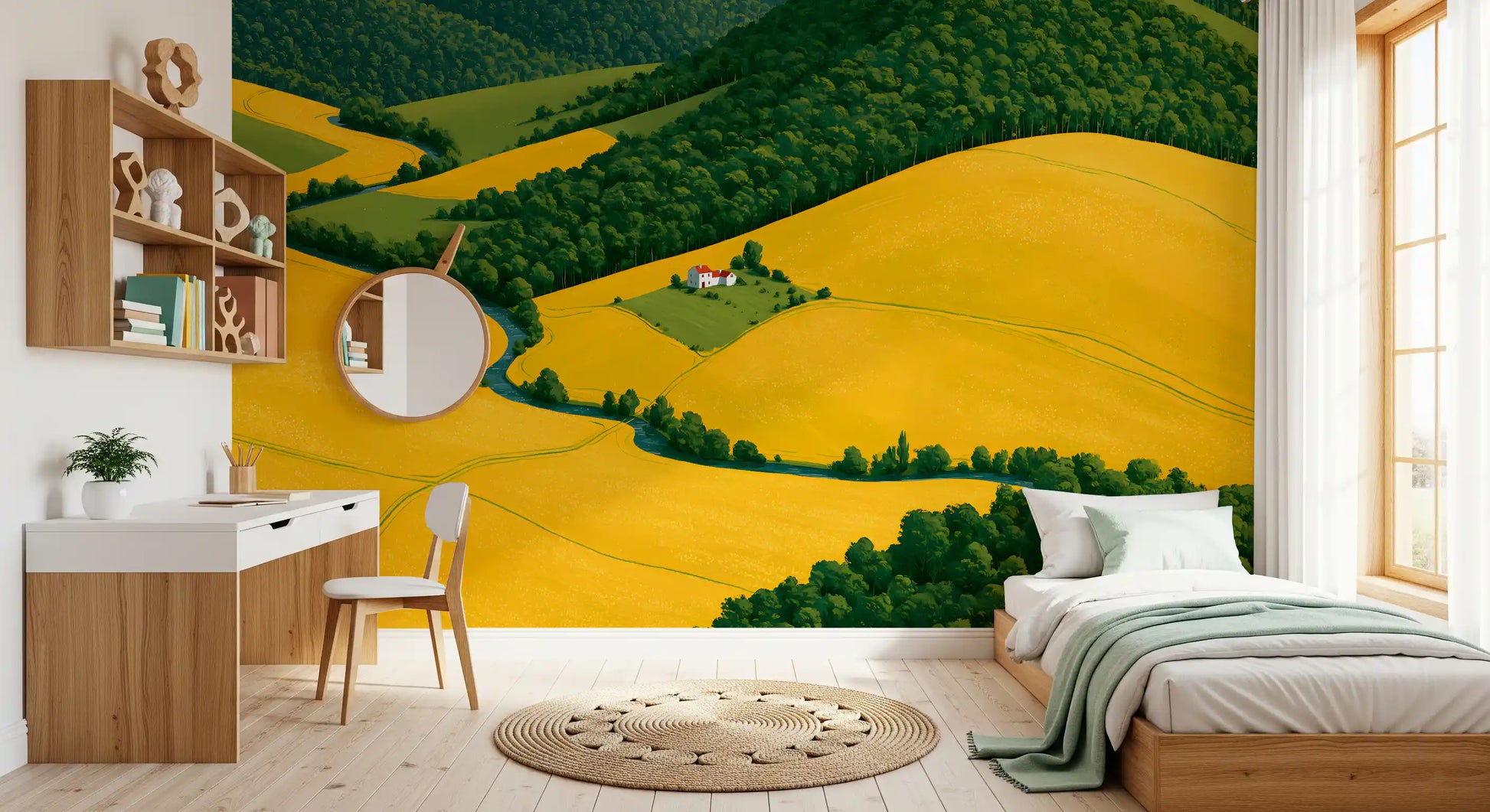 Pastoral Harmony Gold and Green Wall Mural