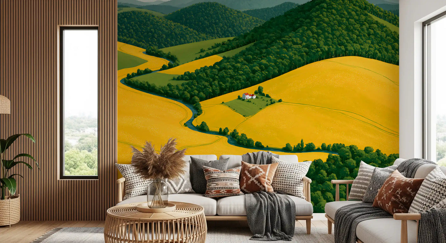 Pastoral Harmony Gold and Green Wall Mural