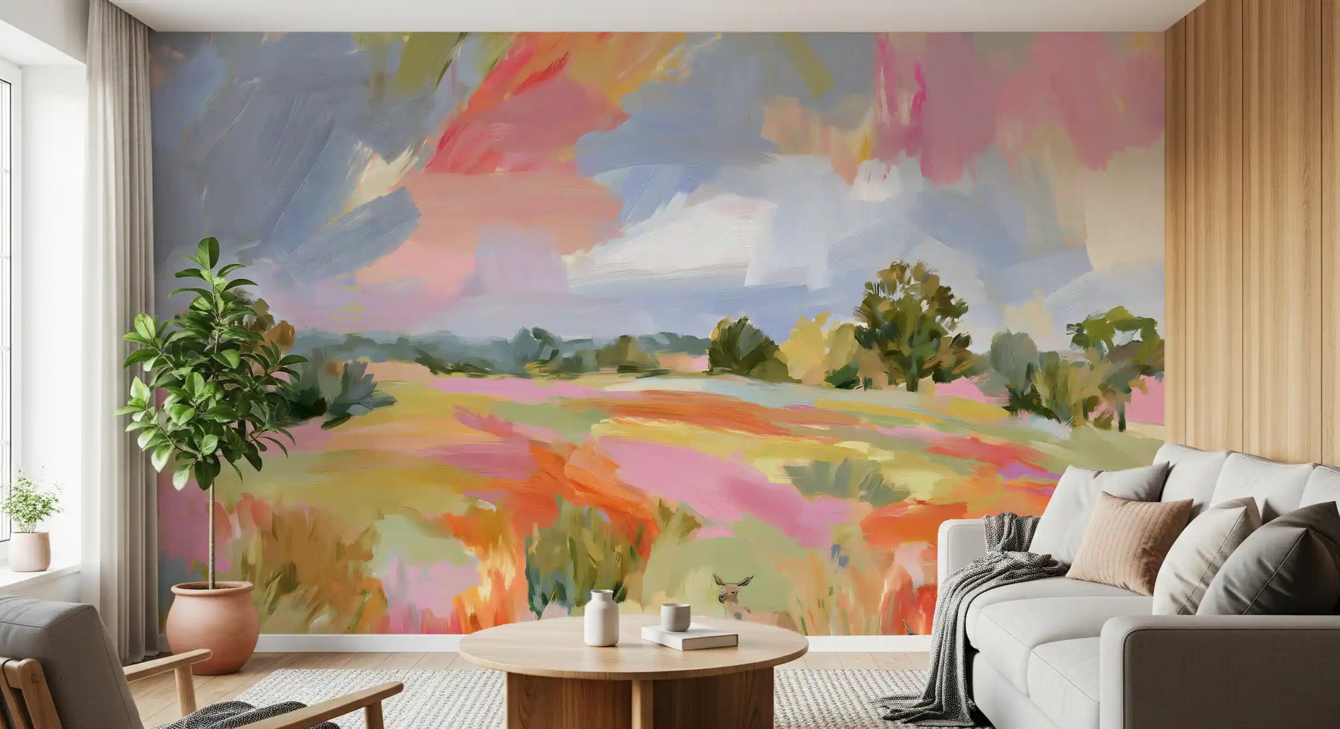 Abstract Painted Meadow with Wildlife Wall Mural