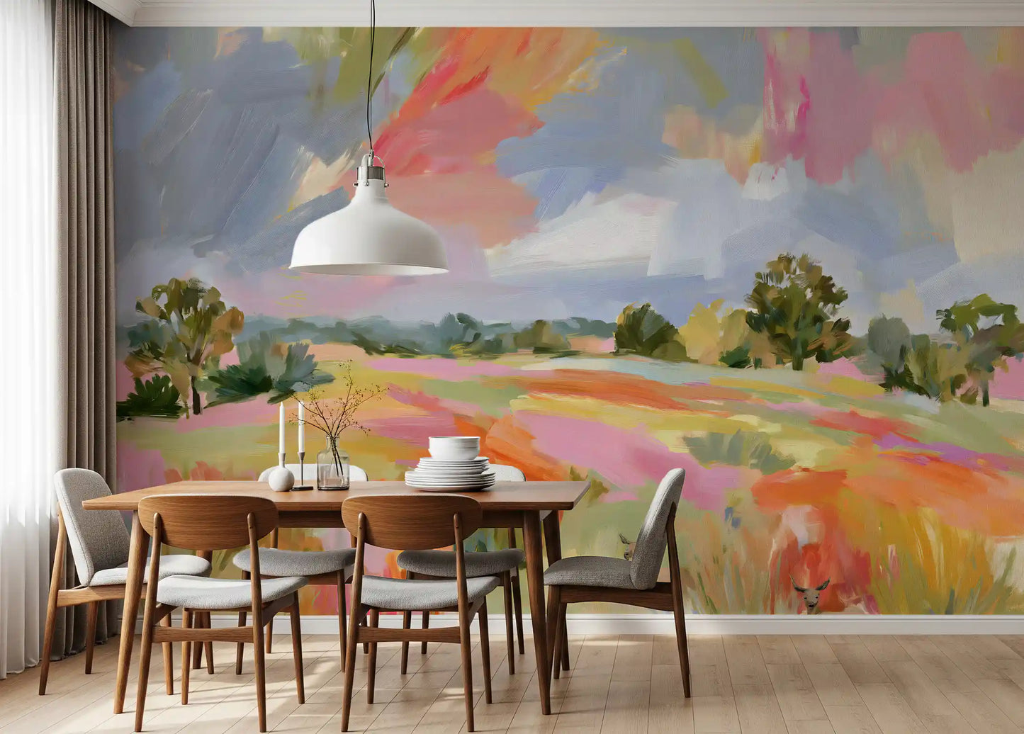 Abstract Painted Meadow with Wildlife Wall Mural