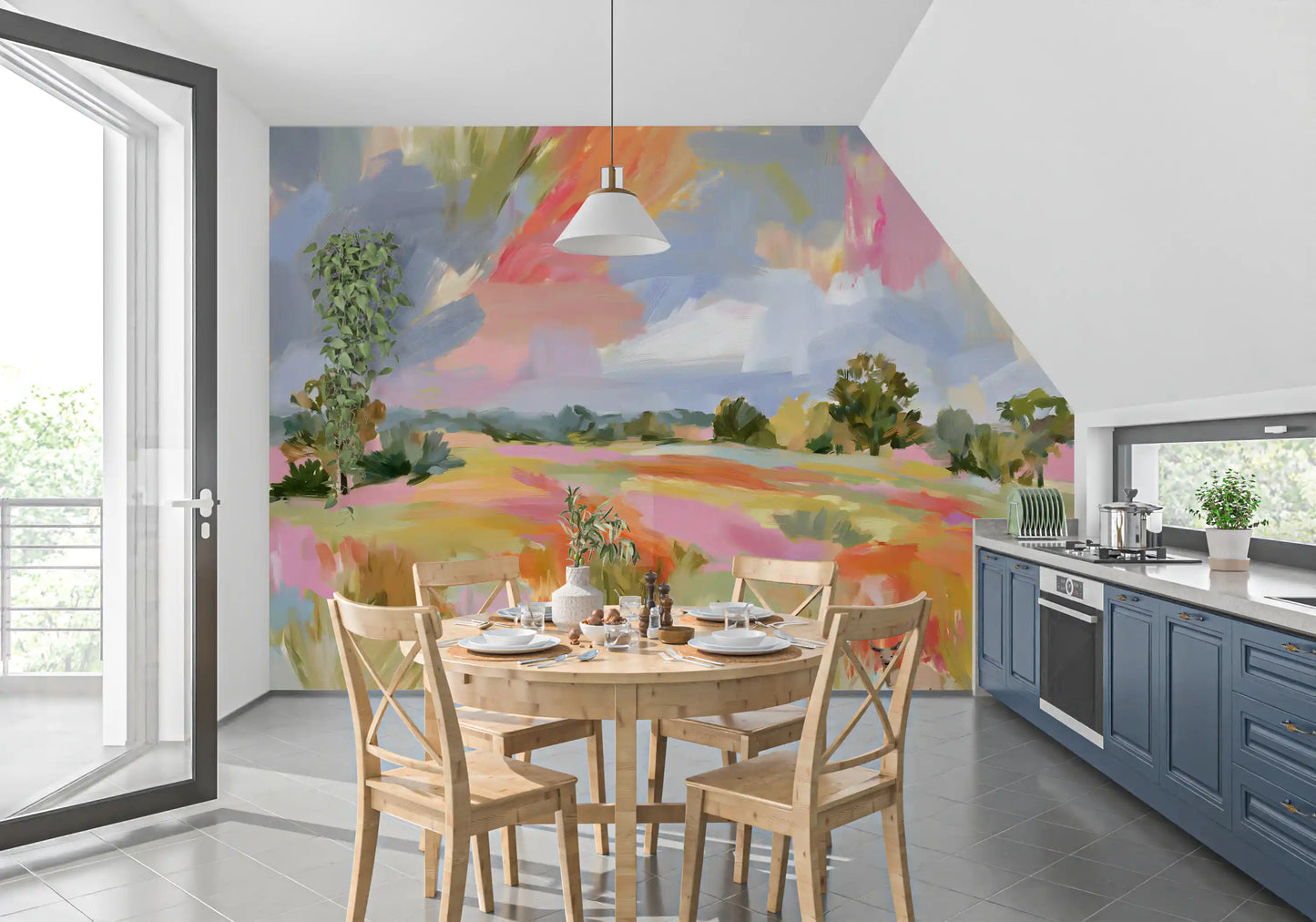 Abstract Painted Meadow with Wildlife Wall Mural