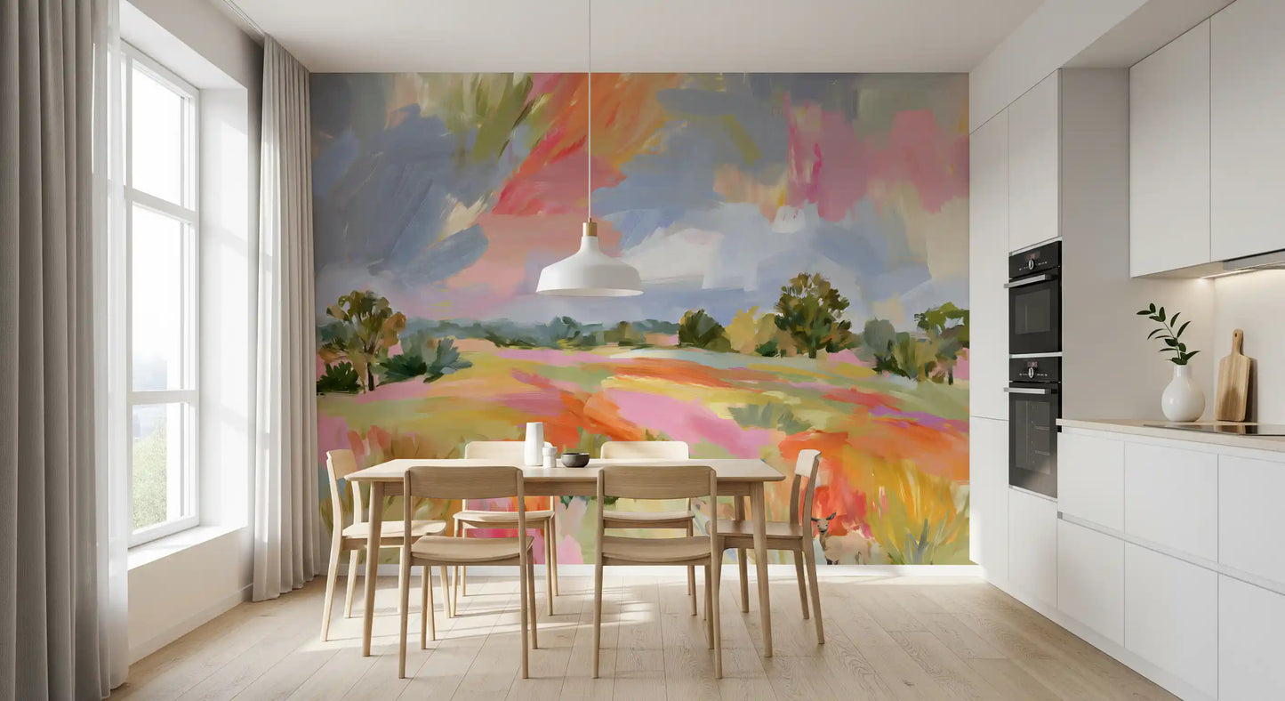 Abstract Painted Meadow with Wildlife Wall Mural