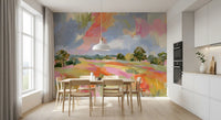 Abstract Painted Meadow with Wildlife Wall Mural