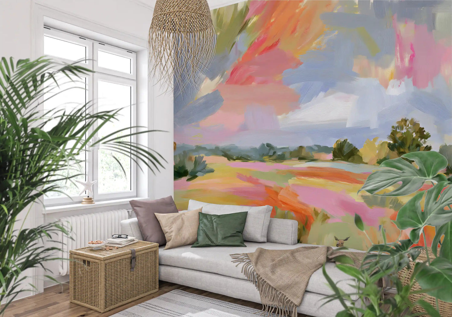 Abstract Painted Meadow with Wildlife Wall Mural