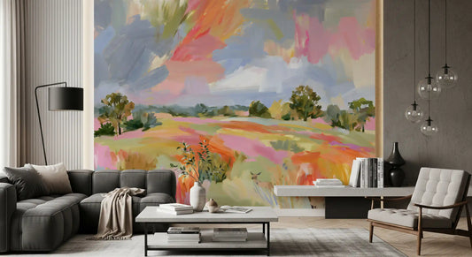 Abstract Painted Meadow with Wildlife Wall Mural