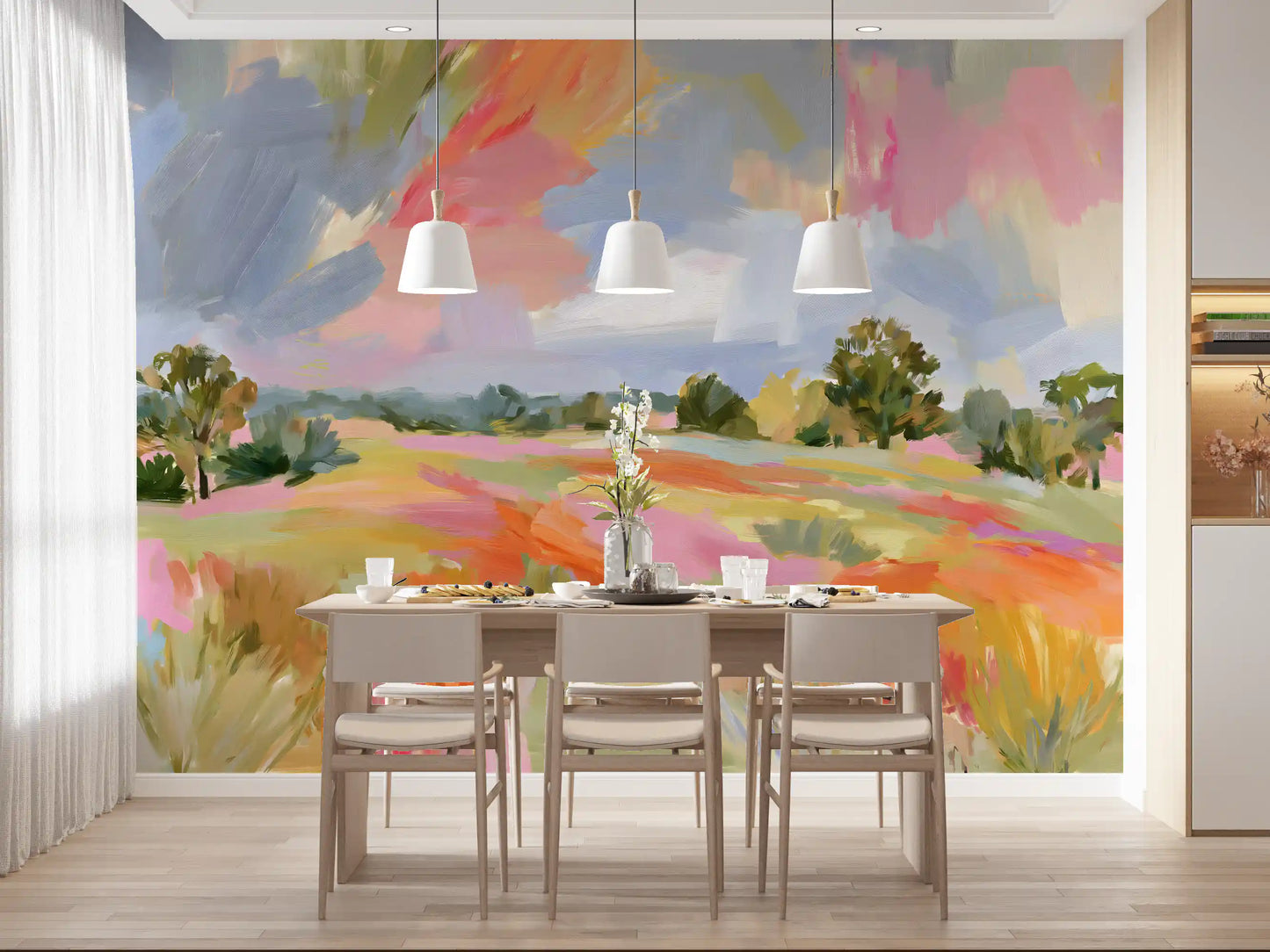Abstract Painted Meadow with Wildlife Wall Mural