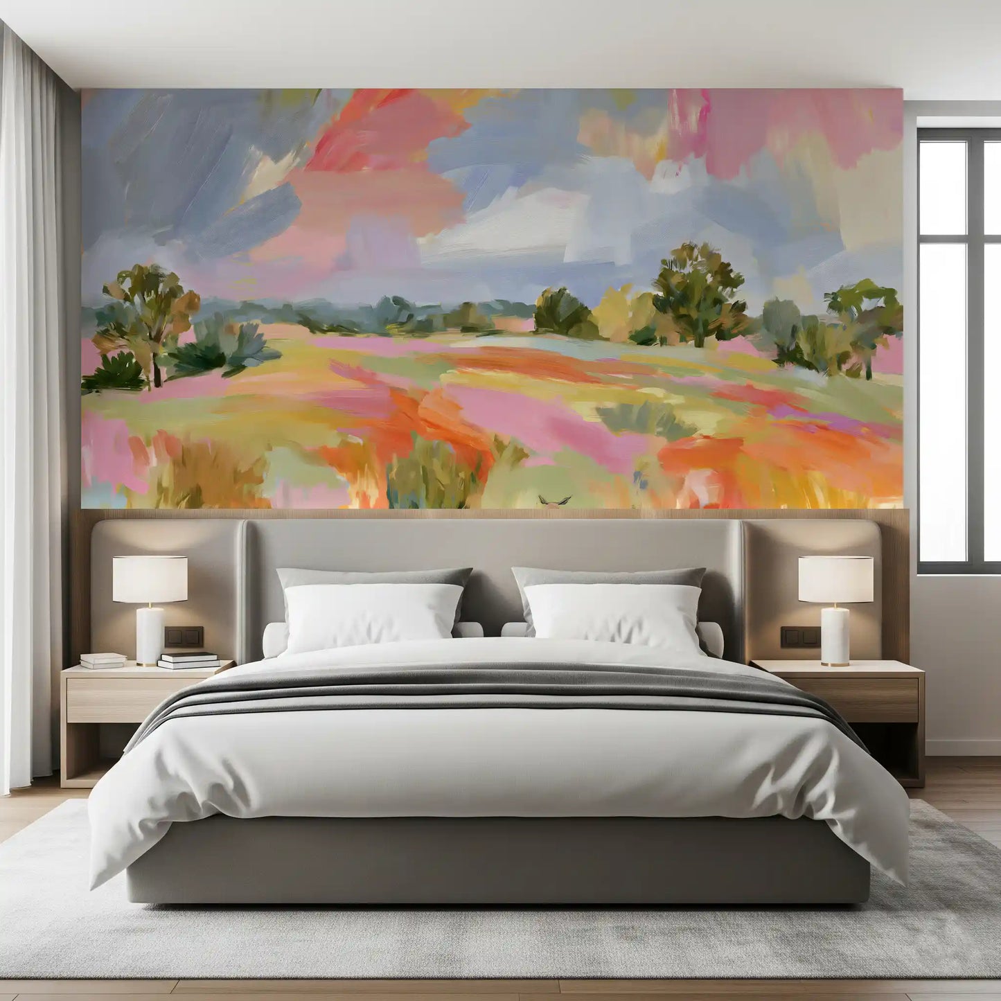 Abstract Painted Meadow with Wildlife Wall Mural