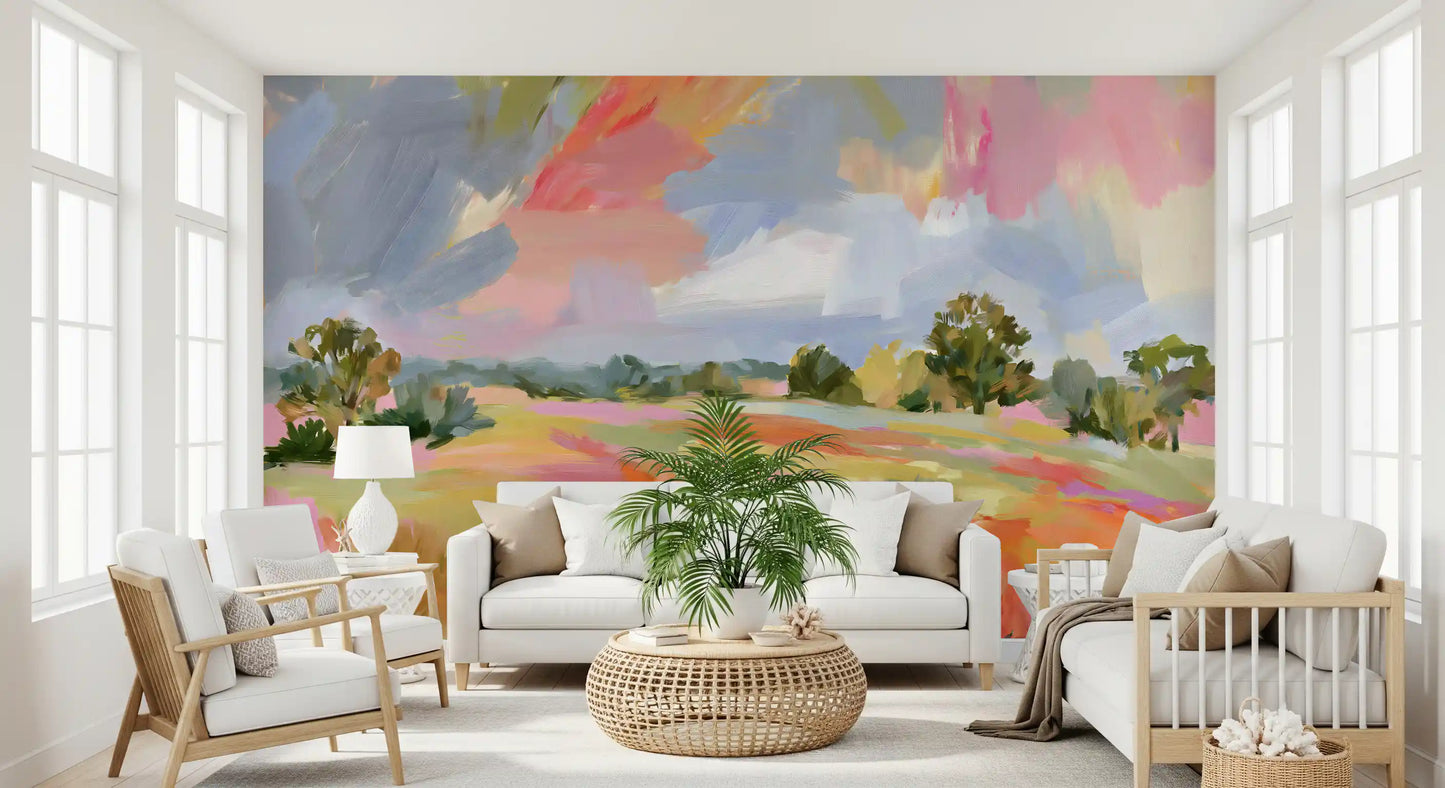 Abstract Painted Meadow with Wildlife Wall Mural
