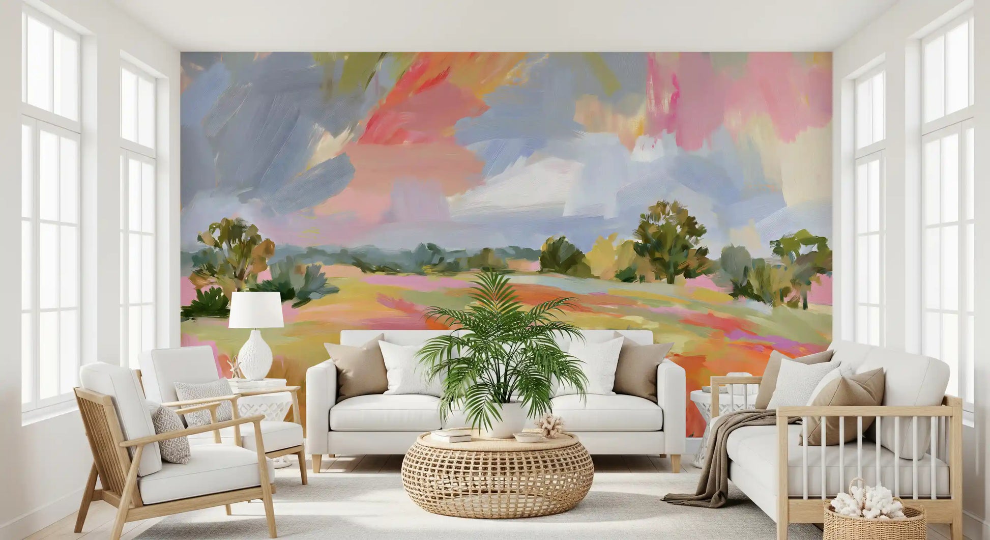 Abstract Painted Meadow with Wildlife Wall Mural