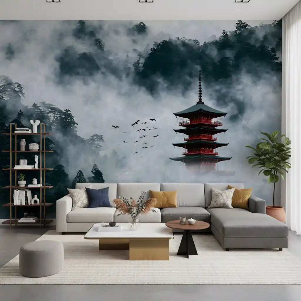 Misty Red Pagoda Mountain Sanctuary Wall Mural