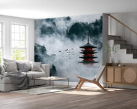 Misty Red Pagoda Mountain Sanctuary Wall Mural