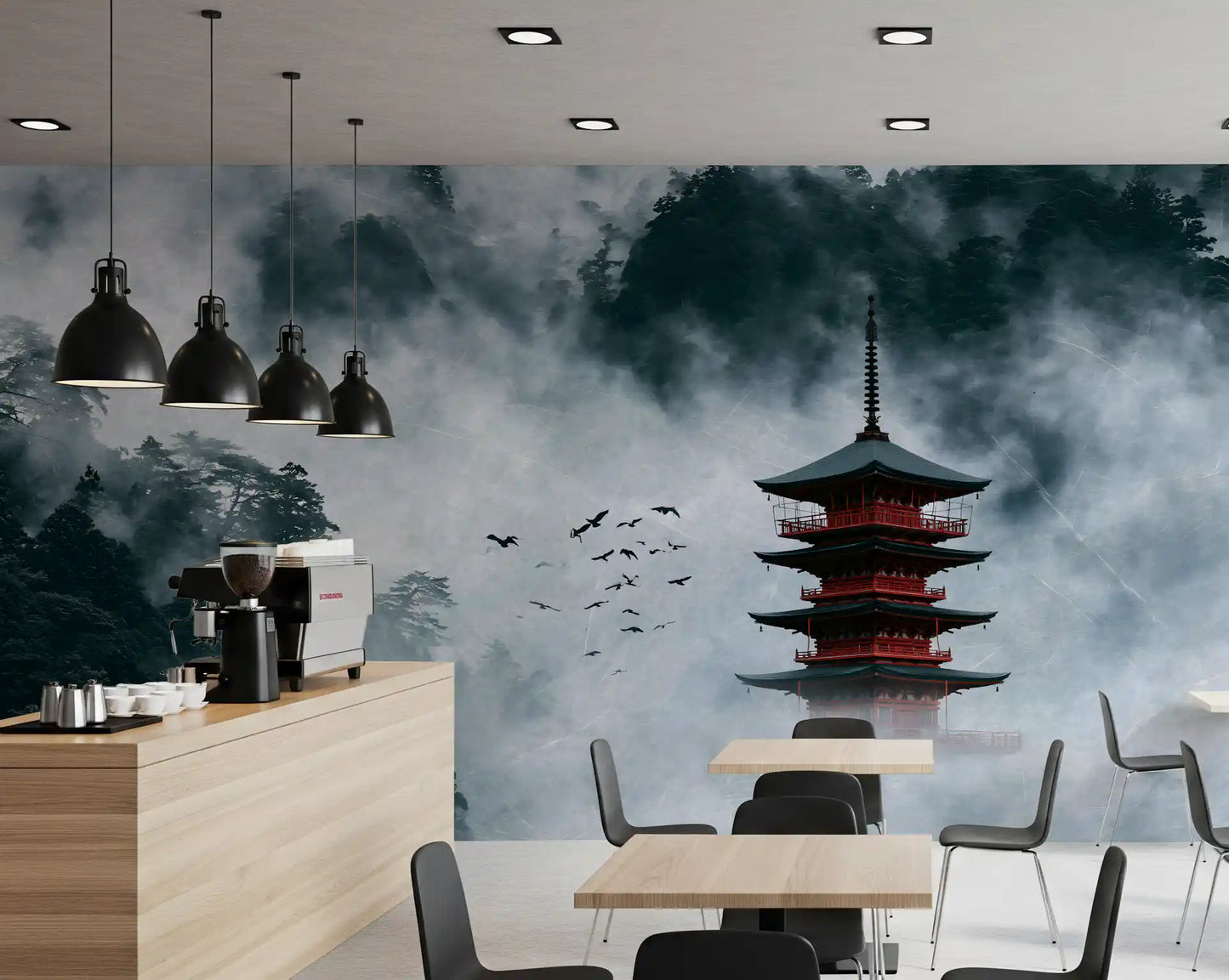 Misty Red Pagoda Mountain Sanctuary Wall Mural