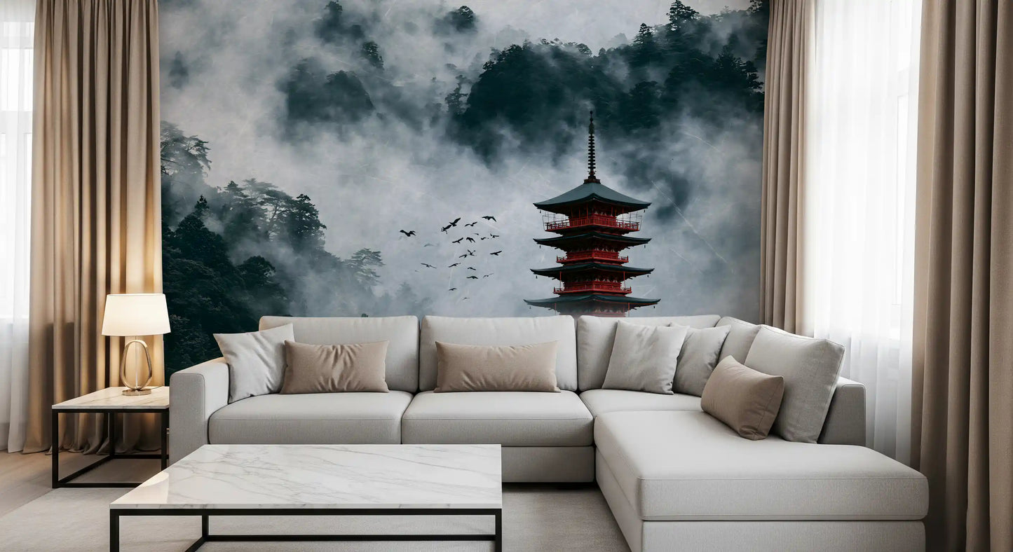 Misty Red Pagoda Mountain Sanctuary Wall Mural