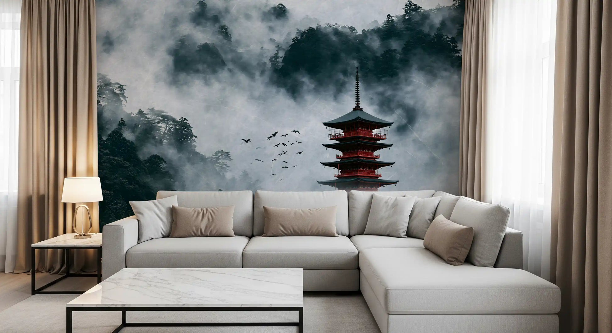Misty Red Pagoda Mountain Sanctuary Wall Mural
