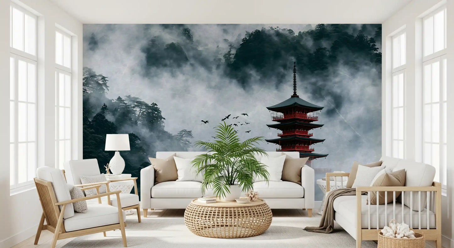 Misty Red Pagoda Mountain Sanctuary Wall Mural
