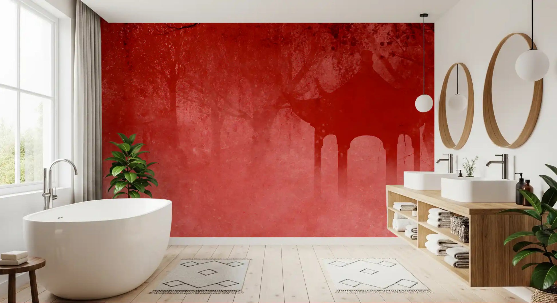 Crimson Pagoda Mist Wall Mural