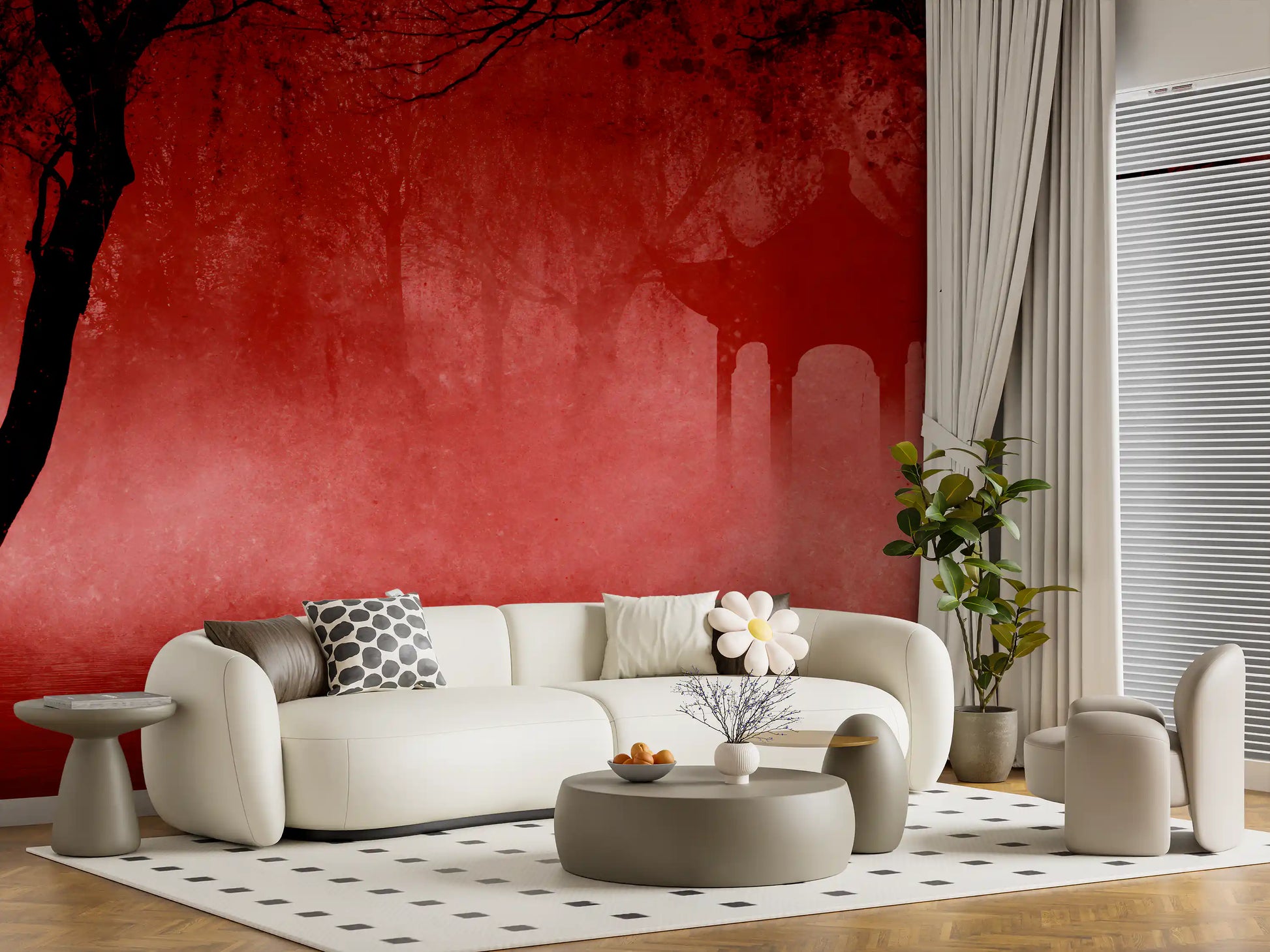 Crimson Pagoda Mist Wall Mural