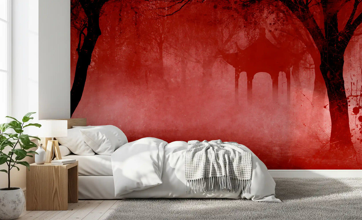 Crimson Pagoda Mist Wall Mural